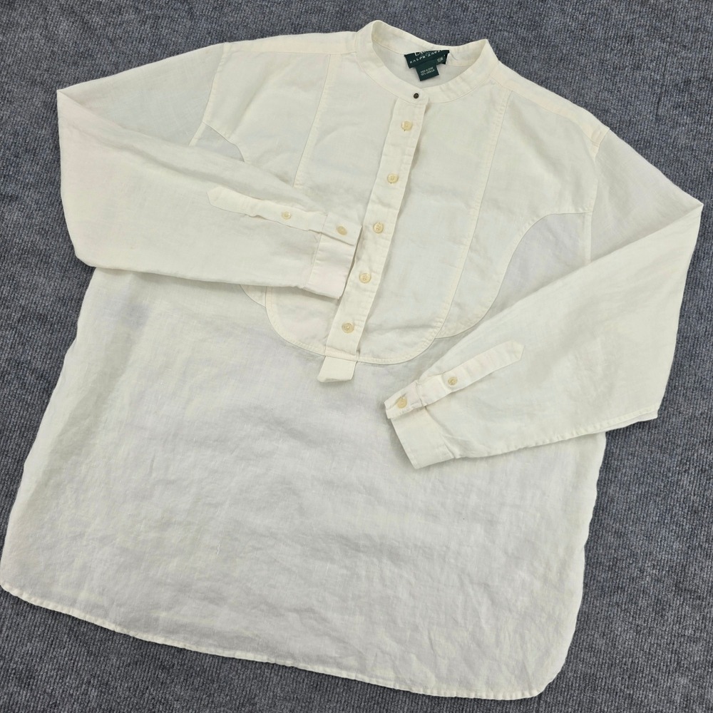 Lauren Ralph Lauren 100% Linen Band Collar Bib Front Blouse Cream 16W